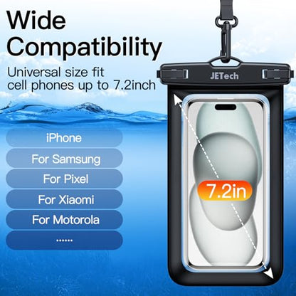 JETech IPX8 Waterproof Phone Pouch, Dry Bag, Black+Black, 2-Pack | Touchscreen Compatible, Fits up to 7.2", for iPhone 17e/17/16/15/14 Series, for Galaxy S26/S25 Ultra, for Pixel 10 Series - color: Black+Black