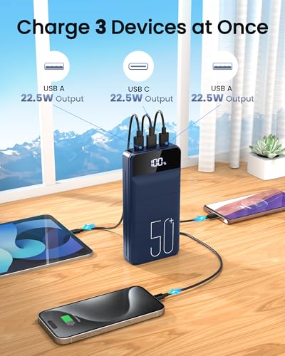 LOOPEAK Power Bank 50000mAh 22.5W Fast Charging Portable Charger, USB C Quick Charge with 3 Outputs & 2 Inputs, LED Display - color: Blue