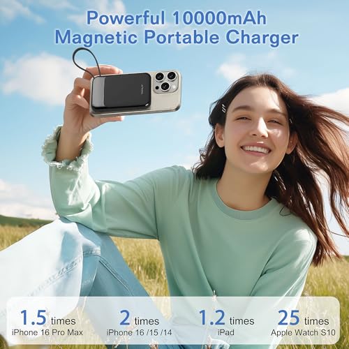 Magnetic Power Bank 10000mAh, Wireless Portable Charger with 15W Max Fast Charging & Built-in USB-C Cable, 22.5W PD LED Display Battery Pack Compatible with iPhone 17/16/15, Samsung Galaxy - color: Black