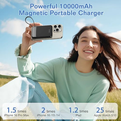 Magnetic Power Bank 10000mAh, Wireless Portable Charger with 15W Max Fast Charging & Built-in USB-C Cable, 22.5W PD LED Display Battery Pack Compatible with iPhone 17/16/15, Samsung Galaxy - color: Black