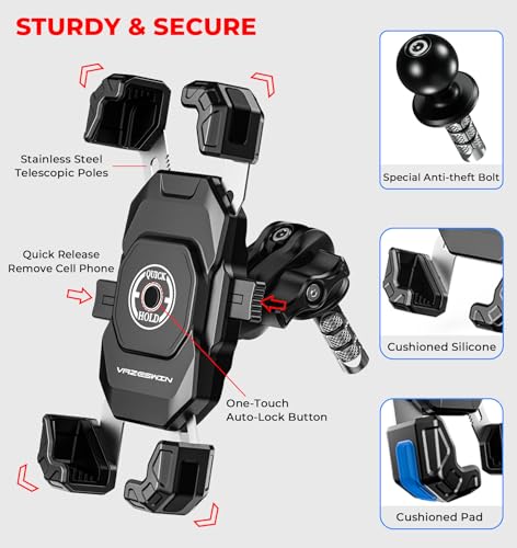 VAZESWIN Motorcycle Fork Stem Phone Mount, 1s Lock & Release, Safety Lock