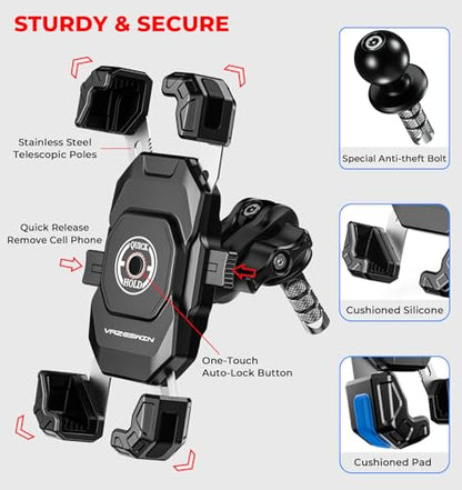 VAZESWIN Motorcycle Fork Stem Phone Mount, 1s Lock & Release, Safety Lock