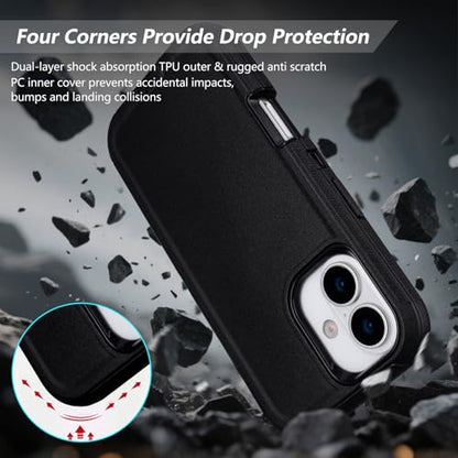 for iPhone 16 Case with Belt Clip Holster + Screen Protector, Black | Heavy Duty Drop Protection, 3-Layer Rugged Shockproof Anti-Drop Full Body Protective Case for iPhone 16 6.1 Inch - color: Black