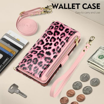 Antsturdy Crossbody Phone Wallet Case for iPhone 15 Pro,Leopard - Pink | RFID Blocking,PU Leather Flip Cover,Kickstand,with Credit Card Holder,Wrist Strap Lanyard & Handbag Purse,for Women & Men - color: (Crossbody) - Leopard-Pink