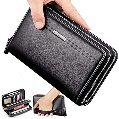 Mens Wallet Long Purse Leather Clutch Large Business Handbag Phone Card Holder Case Gift for Men Father Son Husband Boyfriend - color: Black
