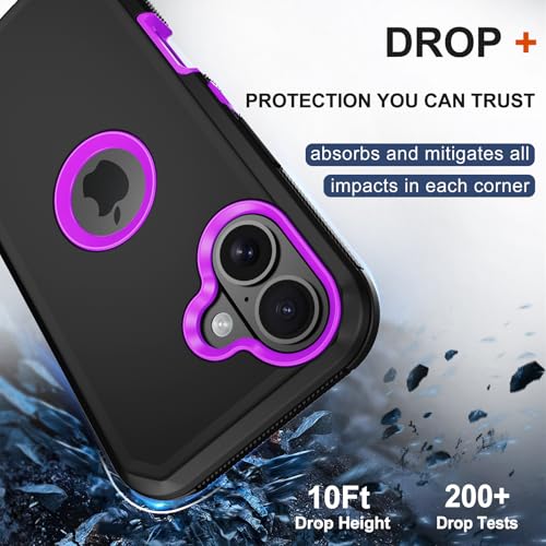 for iPhone 16 Phone Case, Military Grade Drop Protection Cell Phone Cover with Belt Clip Holster Stand, Screen Protector x2 Rugged Shockproof Kickstand for iPhone 16 Case 6.1 inch (Purple) - color: Purple