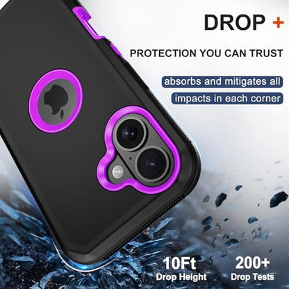 for iPhone 16 Phone Case, Military Grade Drop Protection Cell Phone Cover with Belt Clip Holster Stand, Screen Protector x2 Rugged Shockproof Kickstand for iPhone 16 Case 6.1 inch (Purple) - color: Purple