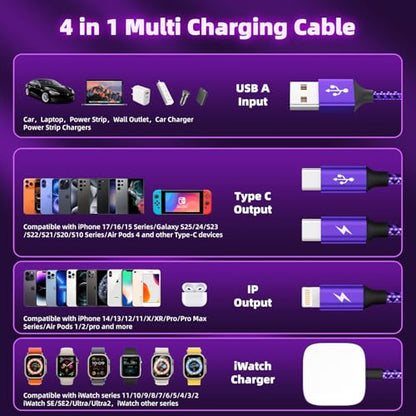 Travel Essentials 4in1 Multi Charging Cable for iPhone Watch Charger 3PK5FT - color: Bright Purple&Black, size: AC to 2C+L+iWatch
