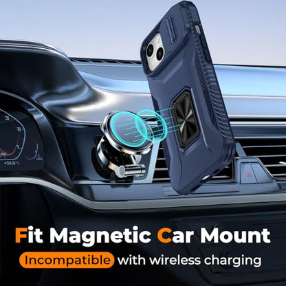[2 Cases] Case for iPhone 16 (A - Blue) & iPhone 13/14 (Blue) with Slide Camera Cover + Screen Protector, Rotated Ring Kickstand Military Grade Shockproof