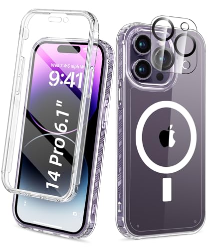 Magnetic for iPhone 14 Pro Case Built-in Screen Protector, Clear | with Camera Lens Protector, [Compatible with MagSafe] Full Body Phone Case, Protective Cover for iPhone 14Pro 6.1" - color: Clear, size: iPhone 14 Pro 6.1"