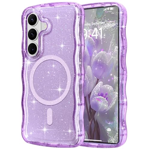 Pepmune Magnetic for Samsung Galaxy S26 Plus Case Clear, Sparkly Bling Glitter Cute Wave Edge Cover for Women Men Compatible with MagSafe TPU Shockproof Phone Case for Samsung Galaxy S26 Plus, Purple - color: Purple, size: Samsung Galaxy S26 Plus