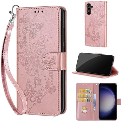 Wallet Case for Samsung Galaxy S24 Plus 6.7 inch, Rose Gold Butterfly | Women Flip Folio Cover, Embossed PU Leather, Stand, Credit Card Holders Slots, Wrist Strap - color: 7