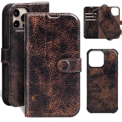 Leather Case Compatible with iPhone 16 Pro Wallet 6.3" | Genuine Leather 2-in-1 Magnetic Detachable Shockproof,Flip Folio Cover with Card Slot,RFID Blocking Brown Coffee - color: Brown Coffee, size: 16 Pro