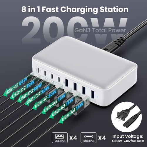 USB C Charger Block 200W[2025 Upgraded] GaN III 6 Port Fast Charging Station Hub,PD 65W USB C Laptop Charger Compatible with MacBook Pro/Air,iPad,iPhone 16/15,Galaxy S23/S24 Steam Deck Dell XPS etc - color: Cool-white, size: 200W