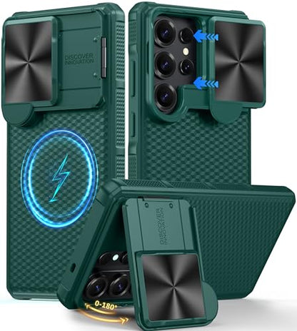 Magnetic for Samsung Galaxy S26 Ultra Case-Green | [Slide Camera Cover][Kickstand][Compatible with MagSafe] Military Drop Protection Phone Case for Galaxy S26 Ultra - color: Green