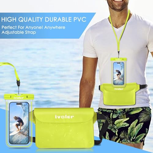 ivoler 2-Pack Waterproof Fanny Pack & Phone Pouch, Dry Bag for Passport, Phone & Wallet, Floating Waterproof Phone Case for Beach, Swimming, Kayaking, Boating, Cruise Essentials & Travel - color: Lime Green & Neon Lime
