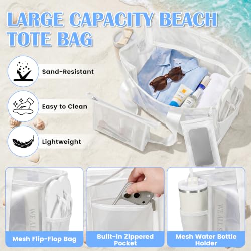 3-Piece Iridescent Beach Bag Set for Women, Large PVC Pool Bag Set | Includes Summer Beach Tote, Cosmetic Bag and Touchscreen Phone Pouch for Pool, Travel and Vacation - color: White