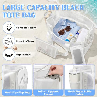 3-Piece Iridescent Beach Bag Set for Women, Large PVC Pool Bag Set | Includes Summer Beach Tote, Cosmetic Bag and Touchscreen Phone Pouch for Pool, Travel and Vacation - color: White