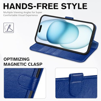 TUCCH Wallet Case for iPhone 15 (6.1") 2023, Flip Stand, Klein Blue | RFID Blocking, 4 Card Holders, Kickstand, PU Leather, Shockproof TPU Shell, Magnetic Closure, Protective Folio Cover - color: Klein Blue