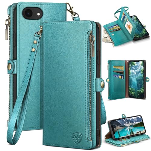 XcaseBar compatible with ‌iPhone 16e 6.1"/17e 6.1" Wallet case with Zipper Credit Card Holder【RFID Blocking】,Flip Folio Book Leather Phone case Shockproof Cover Women Men for Apple 16e case Blue Green - color: Blue Green
