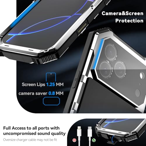 Simicoo Military Metal Heavy Duty Case Compatible with iPhone 17 Pro, Drop Protection Rugged Defender Metal Bumper Screws Phone Cover with Stand Gorilla Glass Camera Cover Full Body Dustproof Silver - color: Silver, size: iPhone 17 Pro