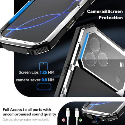 Simicoo Military Metal Heavy Duty Case Compatible with iPhone 17 Pro, Drop Protection Rugged Defender Metal Bumper Screws Phone Cover with Stand Gorilla Glass Camera Cover Full Body Dustproof Silver - color: Silver, size: iPhone 17 Pro