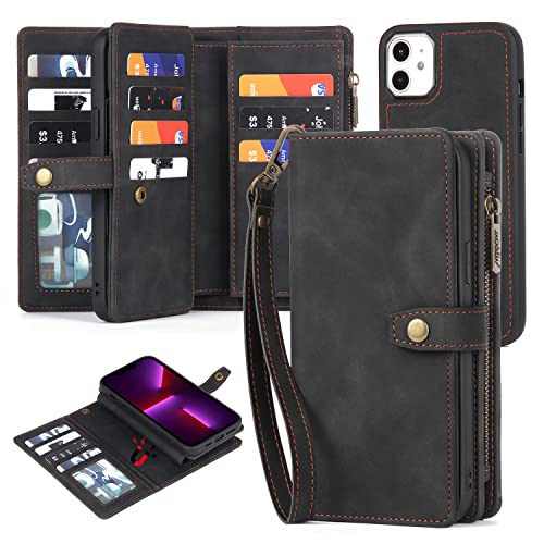 TwoHead for iPhone 11 Wallet case with 11 Card Holder (Black) | Detachable Magnetic Phone Case, PU Leather Wallet for Women/Men,Wireless Charging Compatible,with Wrist Strap - color: Black