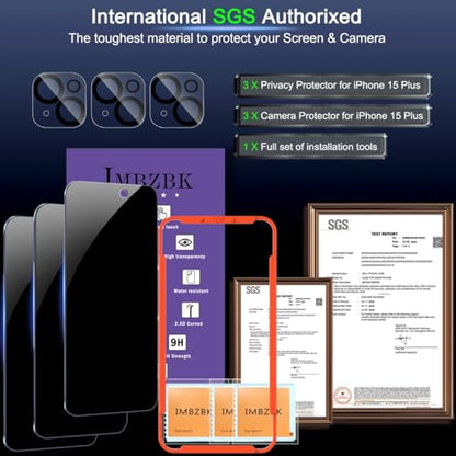 IMBZBK 3 Pack Privacy Screen Protector for iPhone 15 Plus, Tempered Glass - size: 15 Plus 6.7 inch