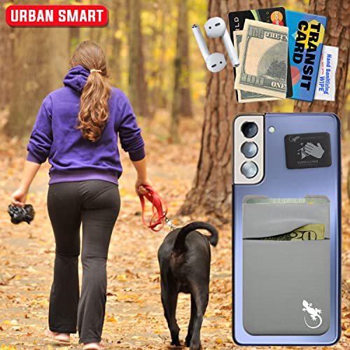 Gecko Travel Tech Double Pocket - Adhesive Card Holder - Cell Phone Pouch - Stick on Spandex Pocket - Carry Credit Cards and Cash - Gray-White - color: GRAY-WHITE