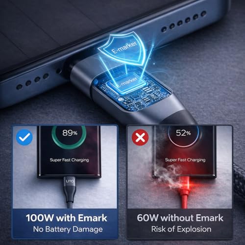 LITO 100W USB C to USB C Cable 3.3FT, E-Marker Fast Charging Cord
