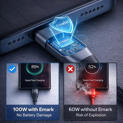 LITO 100W USB C to USB C Cable 3.3FT, E-Marker Fast Charging Cord
