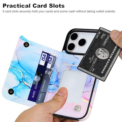 HAOPINSH Wallet Case with Card Holder for iPhone 17 Pro, Pink Blue Marble Pattern Back Flip Folio PU Leather Kickstand Card Slots Case, Double Magnetic Clasp Shockproof Cover 6.3" - color: Pink Blue Marble