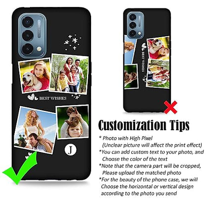 Custom Case for OnePlus Nord N200 5G Photos Collage - Personalize Name Text Date Image Initials Codes N 200 5 G Mobile Tele Smart Phone Cover Protective Durable Slim Soft Silicone Black - color: Black 09 - Heart Star Snow, 4 Photos Text