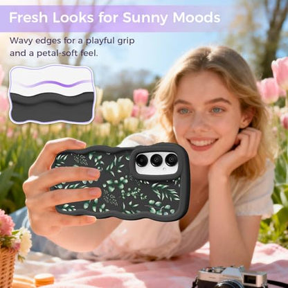 for Galaxy A15 Phone Case, Wavy Soft TPU, Black-Eucalyptus | Wavy Frame Design, Soft Slim TPU, Full Camera Lens Protection, Shockproof Phone Cover - color: Black-Eucalyptus, size: Samsung A15