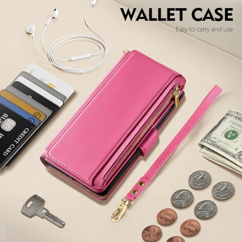 Antsturdy for iPhone 17 Pro Phone Wallet Case Women,Hot Pink | RFID Blocking,with Credit Card Holder Slots,PU Leather Purse,Zipper Pocket,Wrist Strap Kickstand,Flip Folio Cover for Men - color: Hot Pink