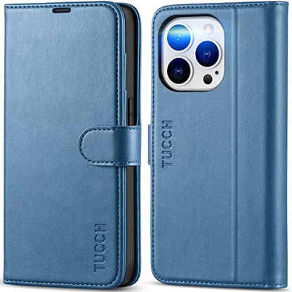 TUCCH Case Wallet for iPhone 14 Pro (6.1"), RFID Blocking Folio, Light Blue | 4 Card Holders, Kickstand, PU Leather, Magnetic Closure, Shockproof TPU Shell, Protective Flip Cover - color: Light Blue