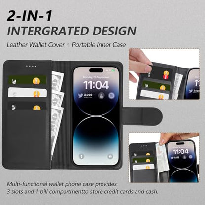 2 in 1 PU Leather for iPhone 16 Leather Case, Detachable Wallet Case with Card Holder, Removable Flip Folio Cover with RFID Blocking, Stand Shockproof Phone Cover（Compatible with MagSafe） Black - color: Black, size: Iphone 16