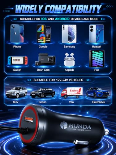 HUNDA Fast Car Charger 48W, Dual Port Super Fast Charging with PD3.0 & QC4.0, Car Accessories with Built-in 5ft Coiled Lightning Cable for iPhone 15-11 Series, iPad & More