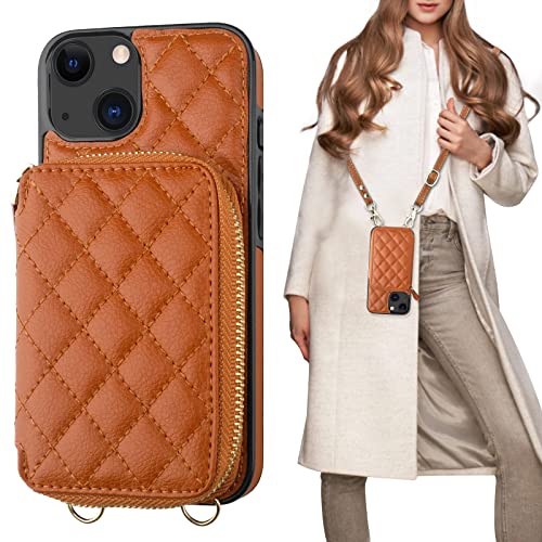 Bocasal Crossbody Wallet Case Card Holder for iPhone 13, Brown | RFID Blocking PU Leather Zipper Handbag Purse, Kickstand Flip Folio Case with Card Slots Holder Wrist Strap Lanyard 6.1 Inch - color: Brown