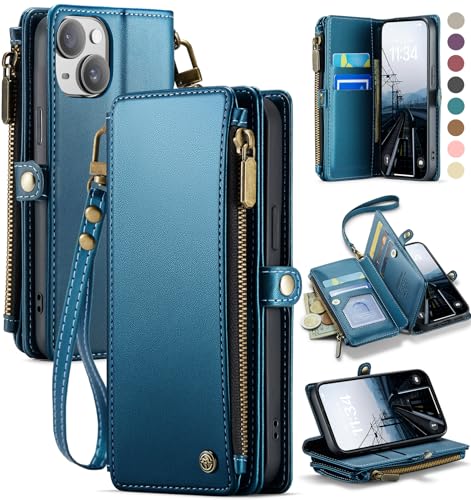 Defencase for iPhone 13 Wallet Case with RFID Blocking Card Holder, Blue | Durable Soft PU Leather, with Zipper Pocket, Wrist Strap, Fashion Snap Flip Phone Cases Cover with Stand for Women and Men - color: Dark Blue