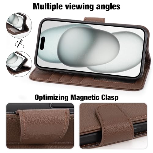Arae Compatible with iPhone 15 Plus Case with Card Holder and Wrist Strap Wallet Flip Cover for iPhone 15 Plus 6.7 inch Men RFID Blocking Wristlet Kickstand,Litchi Brown - color: Litchi Brown, size: iPhone 15 Plus 6.7 inch