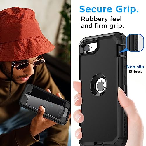 AICase for iPhone SE Case 3rd & 2nd Generation with Belt-Clip Holster, for iPhone SE 2022/2020 Case Built-in Screen Protector Heavy Duty Protective Full Body Rugged Phone Cover, Black - color: Black + Clip