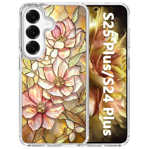 for Samsung Galaxy S24+/S25+ Magnetic Case【Compatible with MagSafe】 Aesthetic Vintage Stained Glass Bloom Flower Design, Slim Fit Hard PC Back Shockproof Clear Phone Cover, Amber Peony - color: Amber Peony, size: Galaxy S25+/S24+