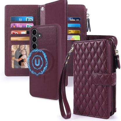 Harryshell Detachable Wallet Case for Samsung Galaxy S25 FE Compatible with Magsafe RFID Blocking Card Slots Removable Phone Cover Zipper Purse Kickstand Wrist Strap for Men Women Quilted Burgundy - color: Quilted Burgundy
