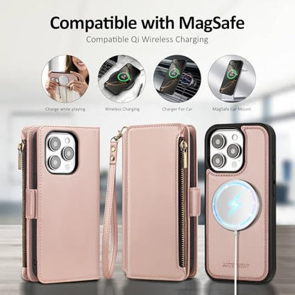 Antsturdy Compatible with MagSafe iPhone 13 Pro Wallet Case,Rose Gold | Detachable Magnetic Credit Card Holder,RFID Blocking,PU Leather Zipper Purse,Wrist Strap Kickstand,Flip Phone Cover for Women - color: (Detachable with Magsafe)-Rose Gold