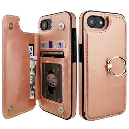 ONETOP for iPhone 17e/16e Wallet Case with Credit Card Holder,Rosegold | 360° Rotation Ring Kickstand,Finger Grip,Double Magnetic Clasp,RFID Blocking PU Leather Shockproof Cover for Women Men - color: Rose Gold