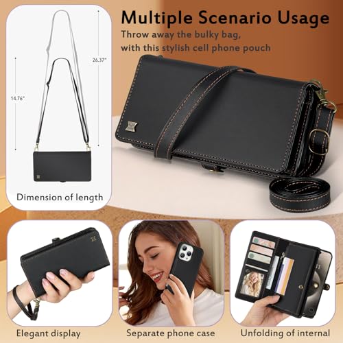 for Wallet Case Compatible with iPhone 15 Pro Max,Multi-Function Detachable 2 in 1 Magnetic iPhone 15 Pro Max Case Wallet,Flip Strap Zipper Card Holder Phone Case with Shoulder Straps (Black) - color: Black, size: iPhone 15 pro max