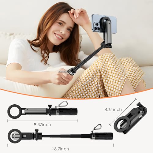 CloudValley Magnetic Mini Selfie Stick Tripod, 4-in-1 Pocket Size Phone Tripod with 360° Rotation, Choice Rechargeable Bluetooth Remote, Foldable Handle Grip, Compatible with MagSafe iPhone - style: No Light