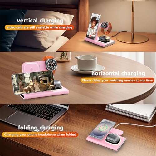 Wireless Charger for Samsung Charging Station, Foldable & Nightlight - color: pink