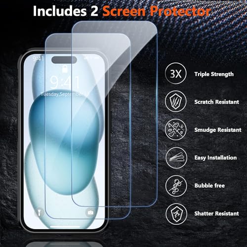 AEDILYS® for Apple Recommend Shockproof iPhone 15 Case,[15 FT Military Grade Drop Protection],with 2X [Kevlar® 9H Glass Screen Protector] (White) - color: White